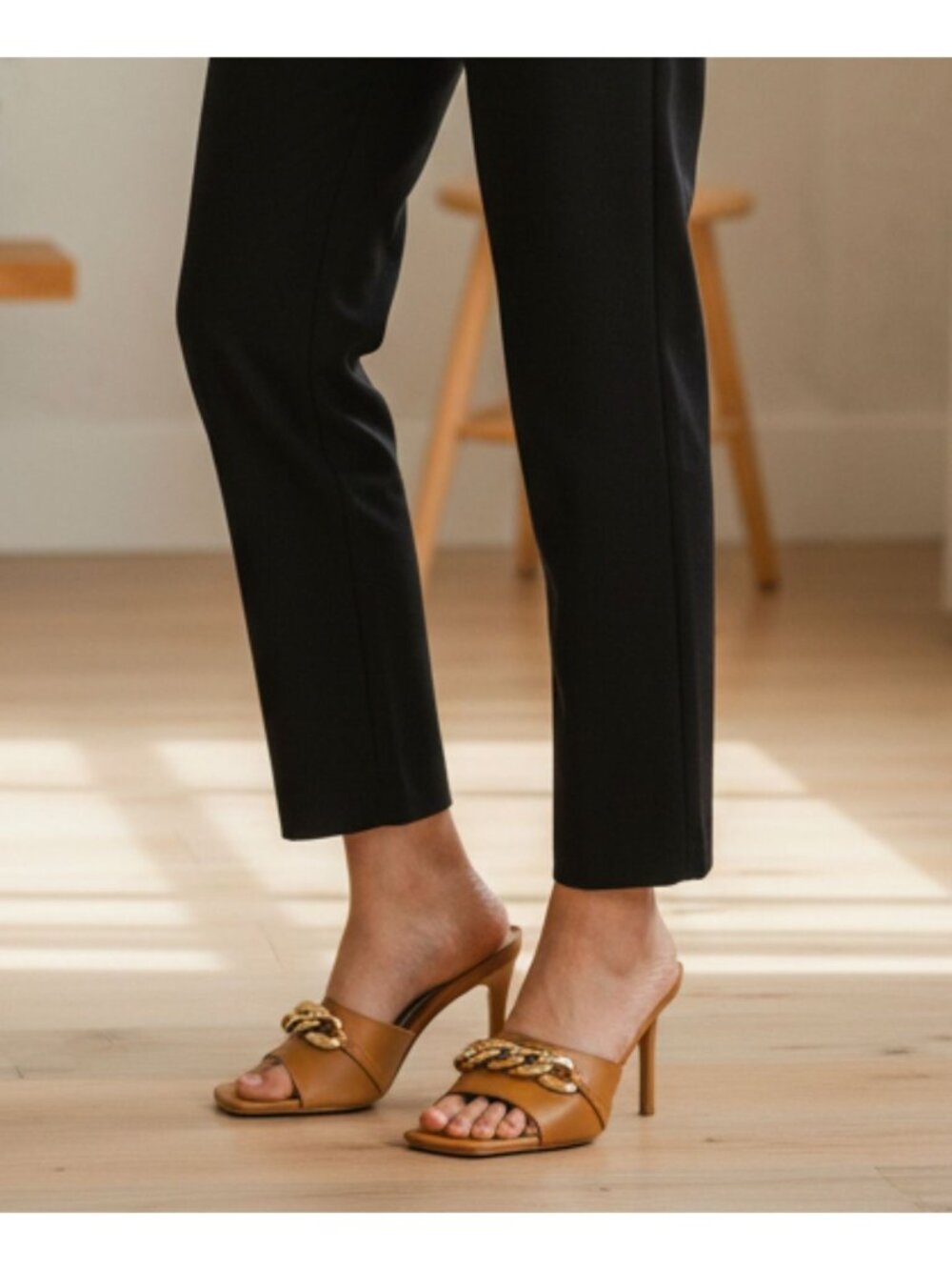 Tan Open-Toe Stiletto Heels With Gold Chain Detail - Picture 3 of 16